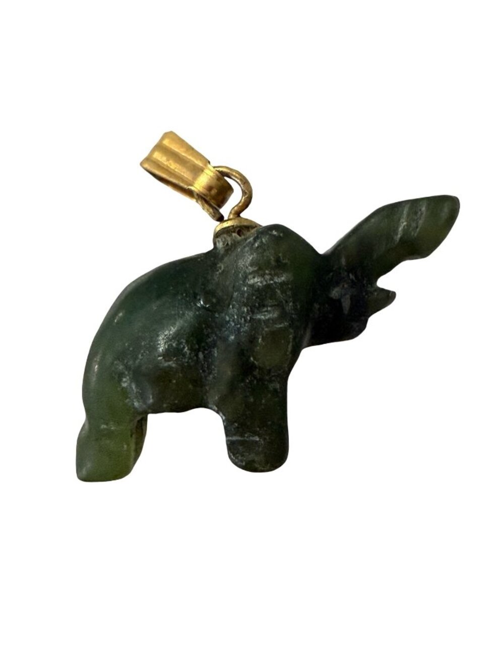 Vintage Carved Green Stone Elephant Pendant Charm Figurine Gold Tone Bail